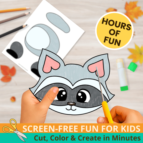 This Raccoon Puppet Craft makes storytime interactive and fun! Kids can color, cut, and create their own woodland animal puppet in minutes. 🌲🧡 #KidsCraft #PrintableTemplate