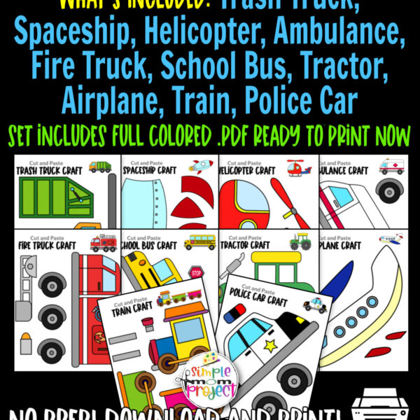 Looking for the best vehicle crafts for your kids? These easy, no prep vehicle crafts have fun cut and paste templates to keep your toddlers, preschoolers or even grown-up kids amused for hours. Including our popular police car, train, airplane and many more of these are sure to be a big hit with your kids for fun craft activities or even homeschooling lessons. Click here to grab these awesome ultimate bundle vehicle craft templates today.