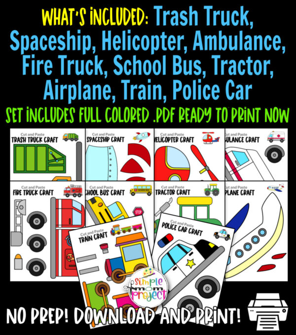 Looking for the best vehicle crafts for your kids? These easy, no prep vehicle crafts have fun cut and paste templates to keep your toddlers, preschoolers or even grown-up kids amused for hours. Including our popular police car, train, airplane and many more of these are sure to be a big hit with your kids for fun craft activities or even homeschooling lessons. Click here to grab these awesome ultimate bundle vehicle craft templates today.