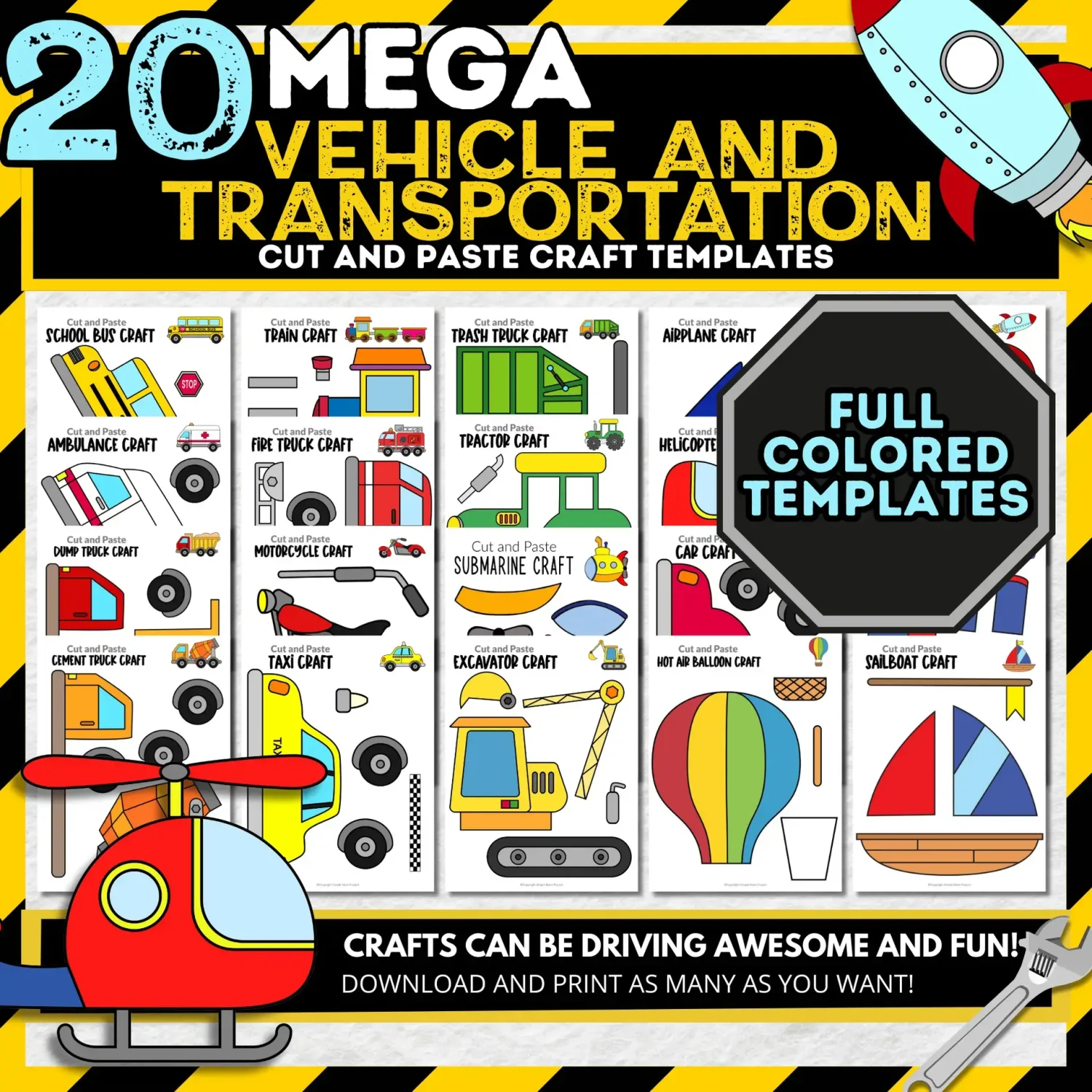 Are you in search of a vibrant set of easy-to-print vehicle crafts? These charming cut-and-paste full-color vehicle crafts are just what you need! Your children will enjoy creating fantastic projects like a school bus craft, hot air balloon craft, taxi cab craft, and many others using these simple, printable templates. Click now to buy your colorful printable vehicle templates today!