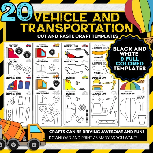 Transportation Crafts Bundle – 20 Printable Cut & Paste Vehicle Templates for Kids