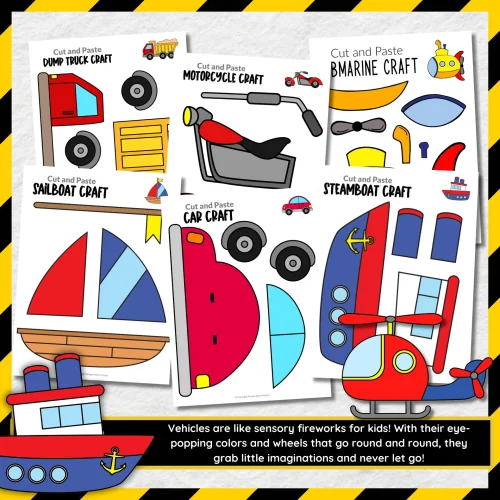 Are you in search of a vibrant set of easy-to-print vehicle crafts? These charming cut-and-paste full-color vehicle crafts are just what you need! Your children will enjoy creating fantastic projects like a school bus craft, hot air balloon craft, taxi cab craft, and many others using these simple, printable templates. Click now to buy your colorful printable vehicle templates today!