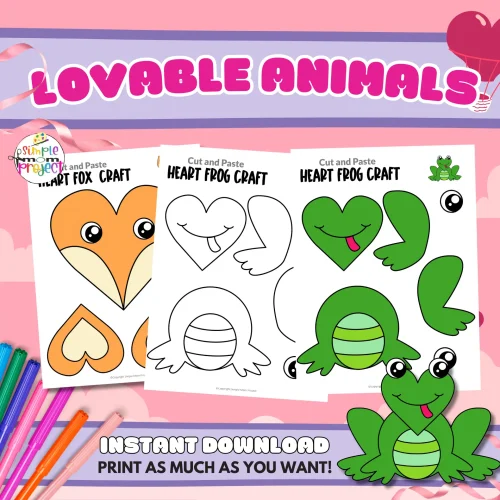 Are you looking for easy printable paper heart animal crafts to do with your preschool or kindergarten kids this weekend? These simple heart animal crafts are great for wall art or grab some brown paper bags and make cute heart animal puppets! Your kids can even glue them on to construction papers for handmade heart animal greeting cards. Make sure to grab your heart animal craft bundle set today!