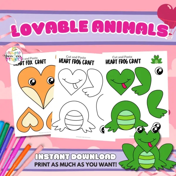 Are you looking for easy printable paper heart animal crafts to do with your preschool or kindergarten kids this weekend? These simple heart animal crafts are great for wall art or grab some brown paper bags and make cute heart animal puppets! Your kids can even glue them on to construction papers for handmade heart animal greeting cards. Make sure to grab your heart animal craft bundle set today!