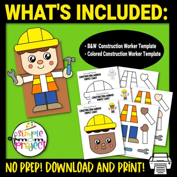 Looking for easy cut and paste paper crafts to add in your puppet show? Look no further! These printable construction worker paper bag puppet crafts are the ideal activities for toddler, preschool or kindergarten kids. This construction worker puppet making is great to improve children’s motor skills and creativity. Download and purchase your printable construction worker puppet templates now!