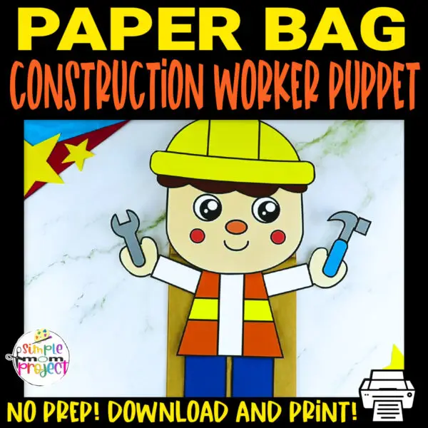 Looking for easy cut and paste paper crafts to add in your puppet show? Look no further! These printable construction worker paper bag puppet crafts are the ideal activities for toddler, preschool or kindergarten kids. This construction worker puppet making is great to improve children’s motor skills and creativity. Download and purchase your printable construction worker puppet templates now!