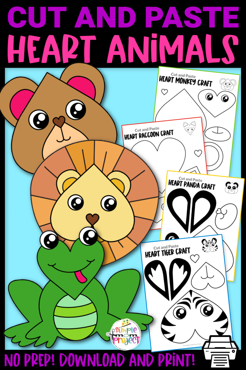 Printable Cut and Paste Heart Animal Crafts for Kids Preschool Toddler Kindergarten BLACK AND WHITE 2