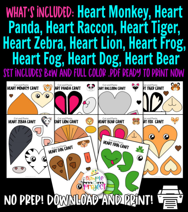 Are you looking for easy printable paper heart animal crafts to do with your preschool or kindergarten kids this weekend? These simple heart animal crafts are great for wall art or grab some brown paper bags and make cute heart animal puppets! Your kids can even glue them on to construction papers for handmade heart animal greeting cards. Make sure to grab your heart animal craft bundle set today!