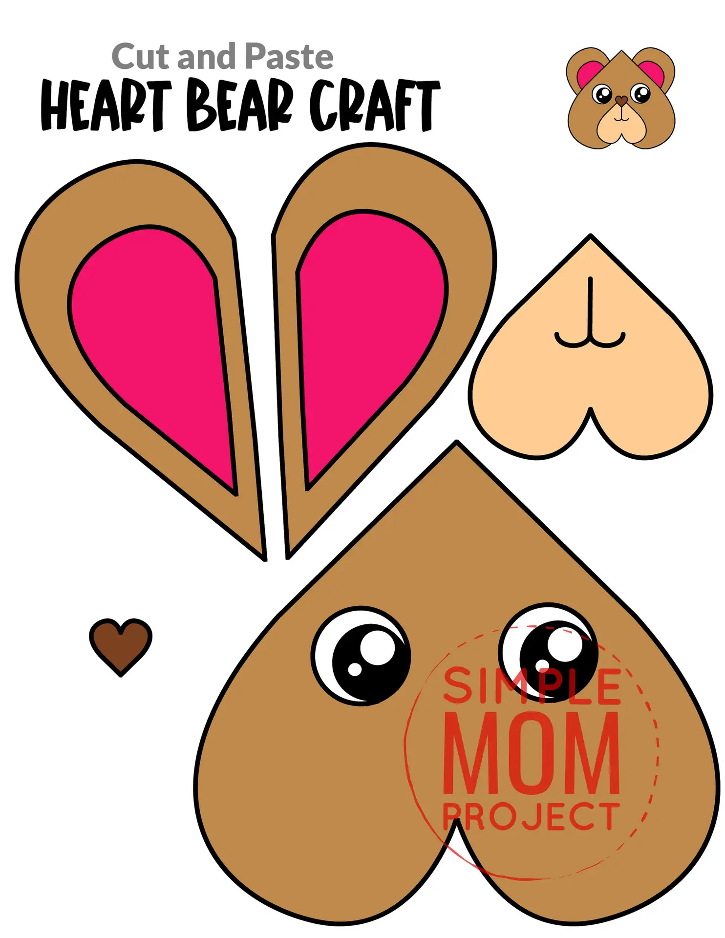 Printable Heart Bear Cut and Paste Craft Template for Toddlers, Preschoolers, and Kindergarteners 2