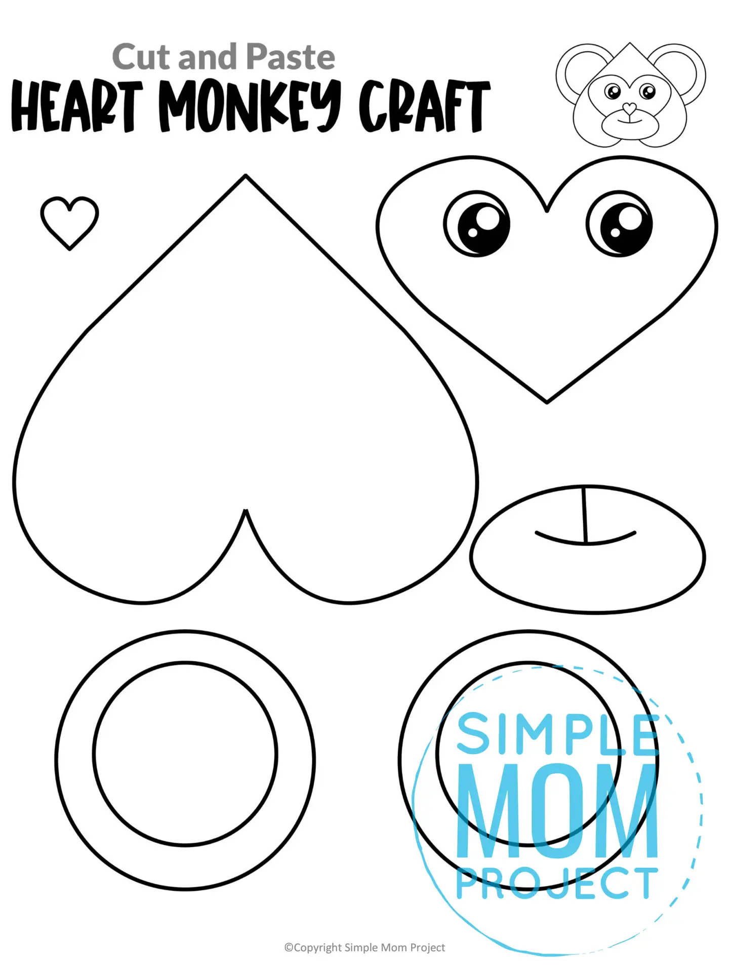 Printable Heart Monkey Cut and Paste Craft Template for Toddlers, Preschoolers, and Kindergarteners