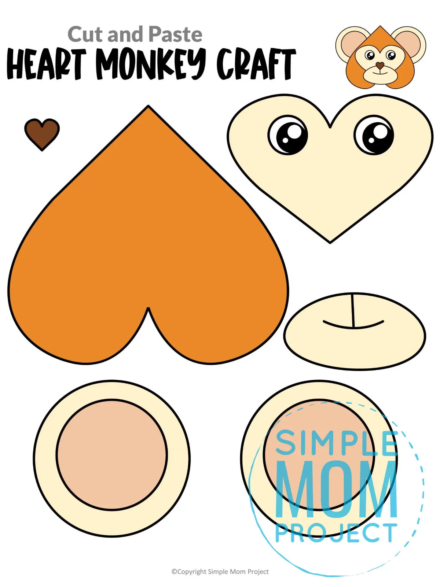 Printable Heart Monkey Cut and Paste Craft Template for Toddlers, Preschoolers, and Kindergarteners 1