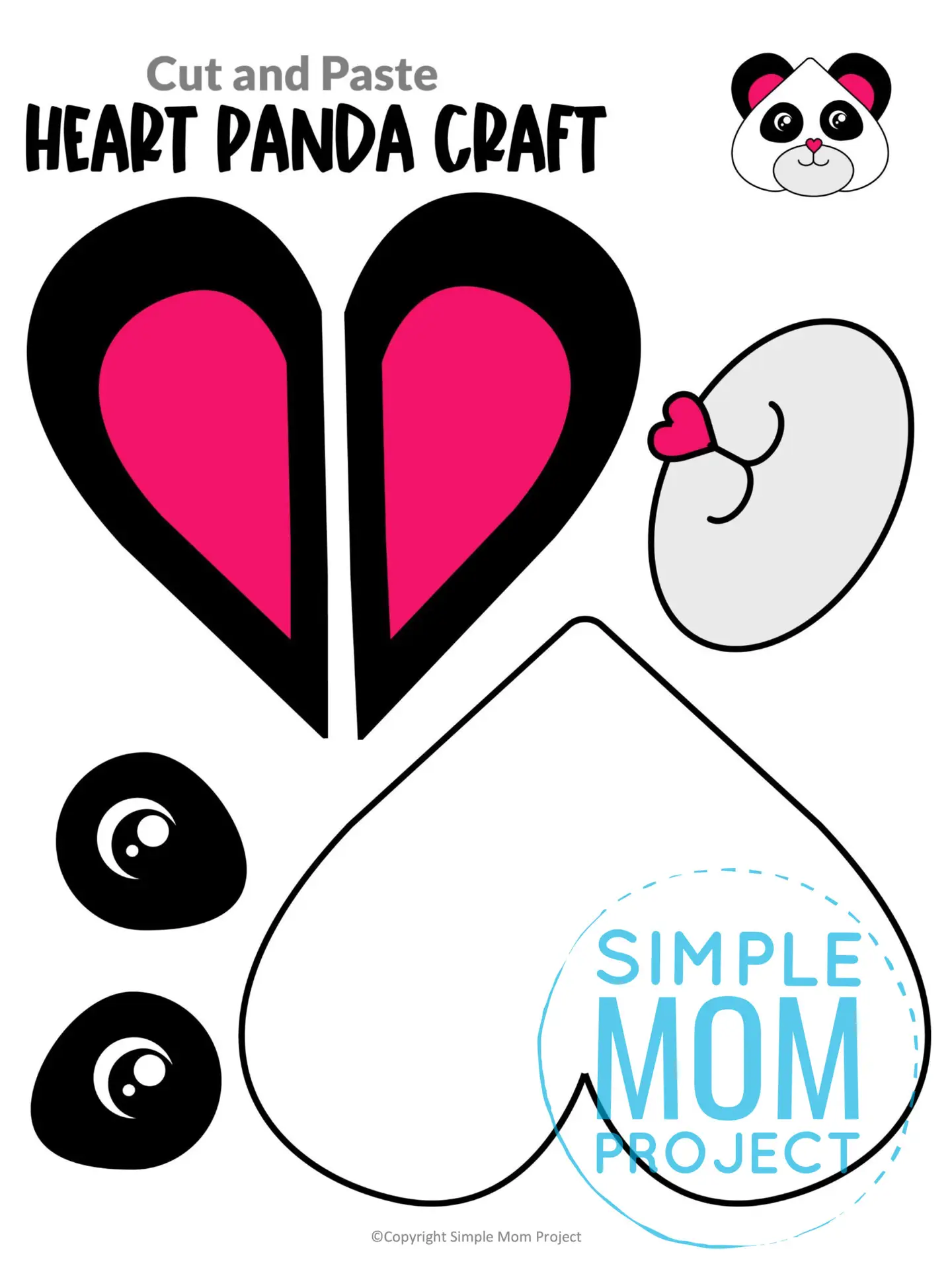 Printable Heart Panda Cut and Paste Craft Template for Toddlers, Preschoolers, and Kindergarteners 1