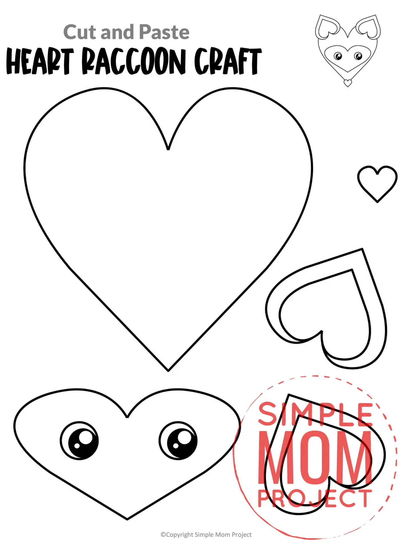 Printable Heart Raccoon Cut and Paste Craft Template for Toddlers, Preschoolers, and Kindergarteners