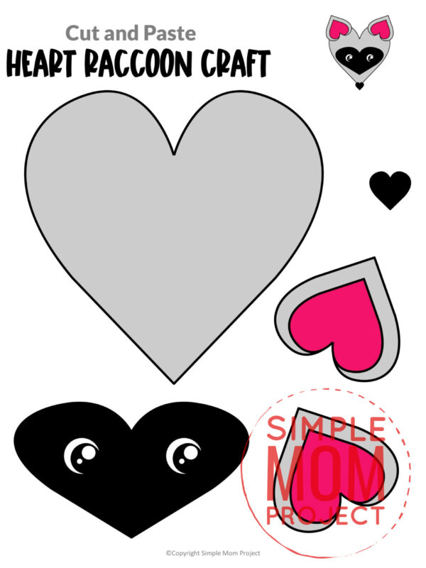 Printable Heart Raccoon Cut and Paste Craft Template for Toddlers, Preschoolers, and Kindergarteners 1