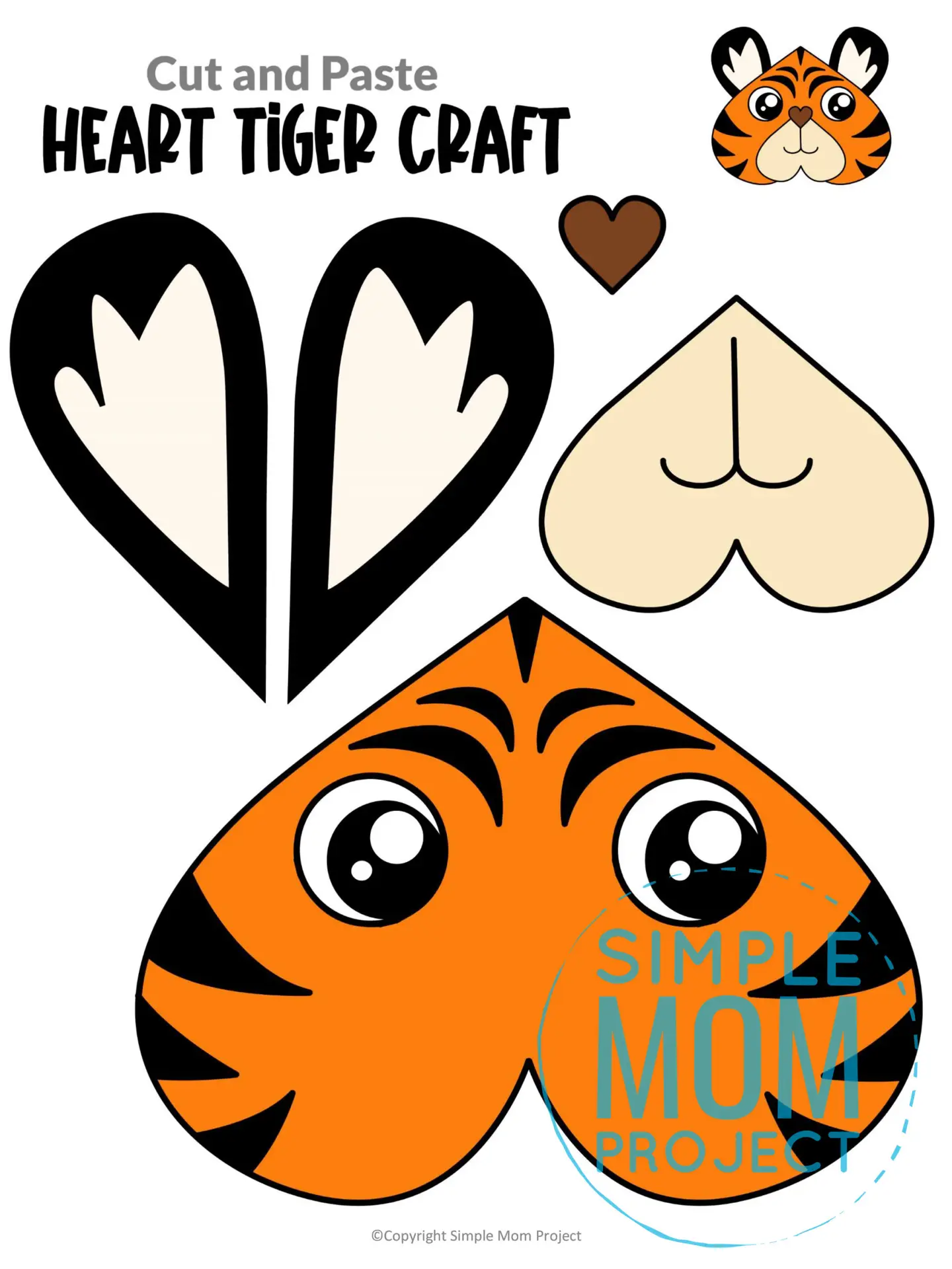 Printable Heart Tiger Cut and Paste Craft Template for Toddlers, Preschoolers, and Kindergarteners 1