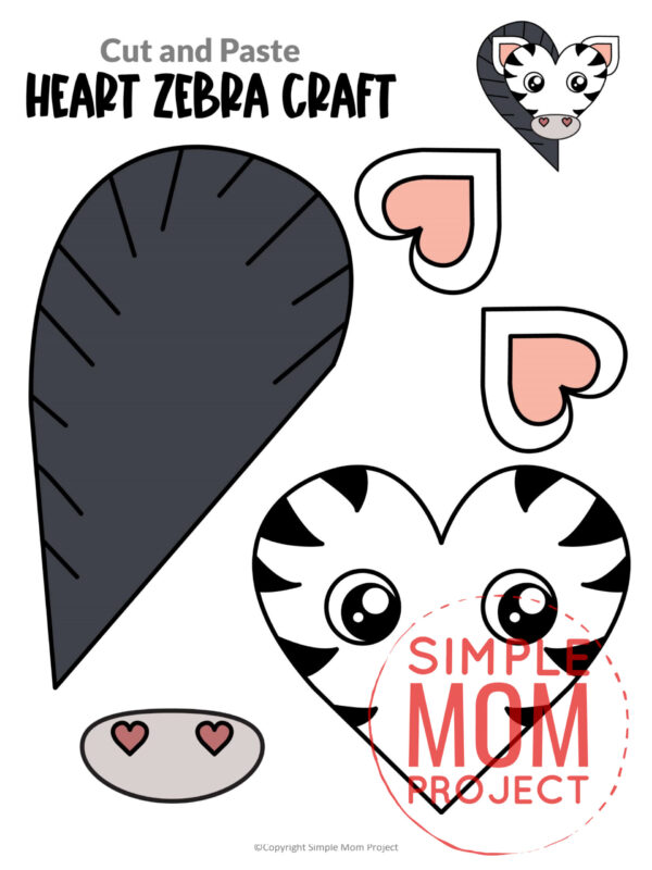 Printable Heart Zebra Cut and Paste Craft Template for Toddlers, Preschoolers, and Kindergarteners 1