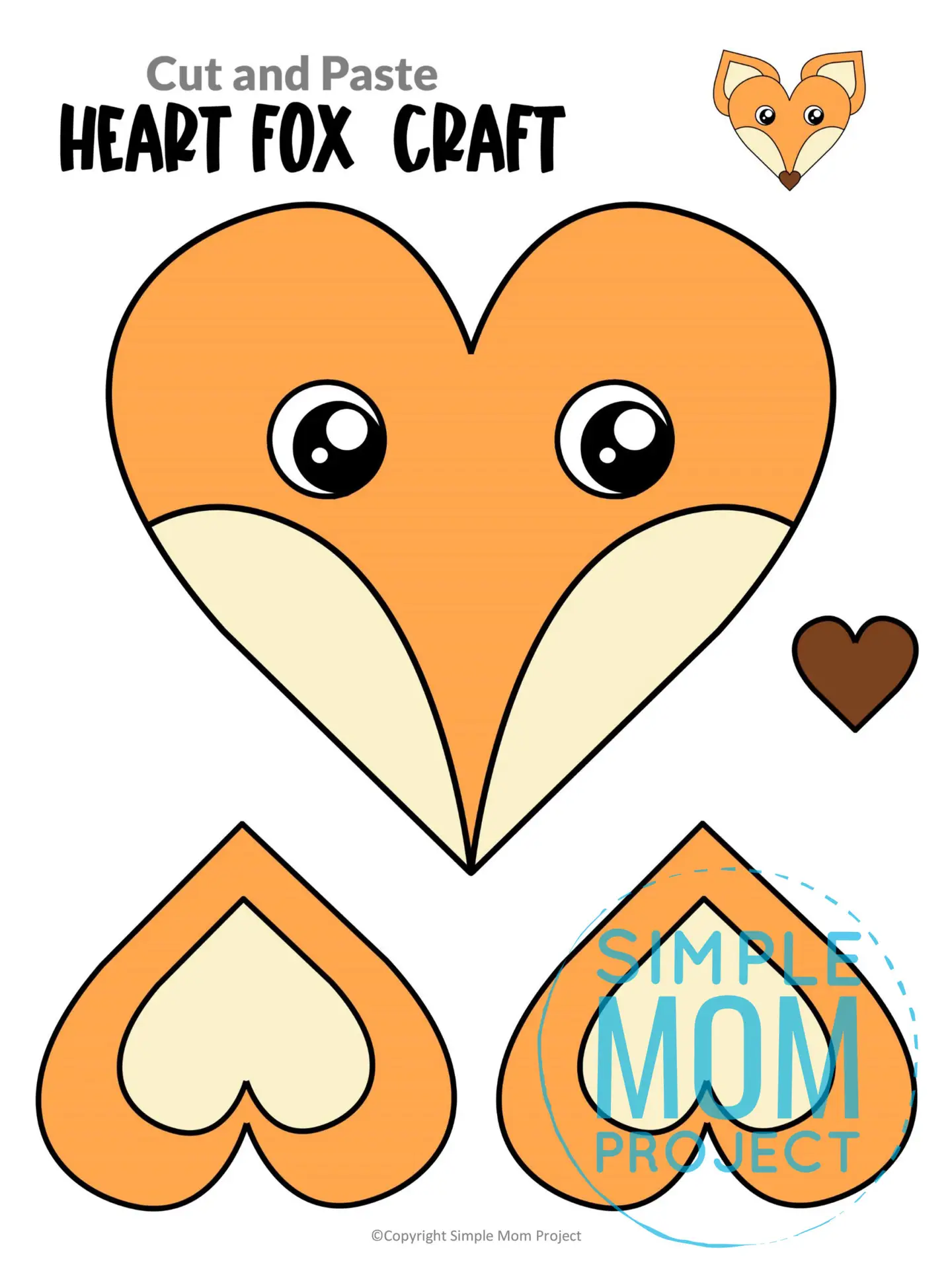 Printable Heart Fox Cut and Paste Craft Template for Toddlers, Preschoolers, and Kindergartener