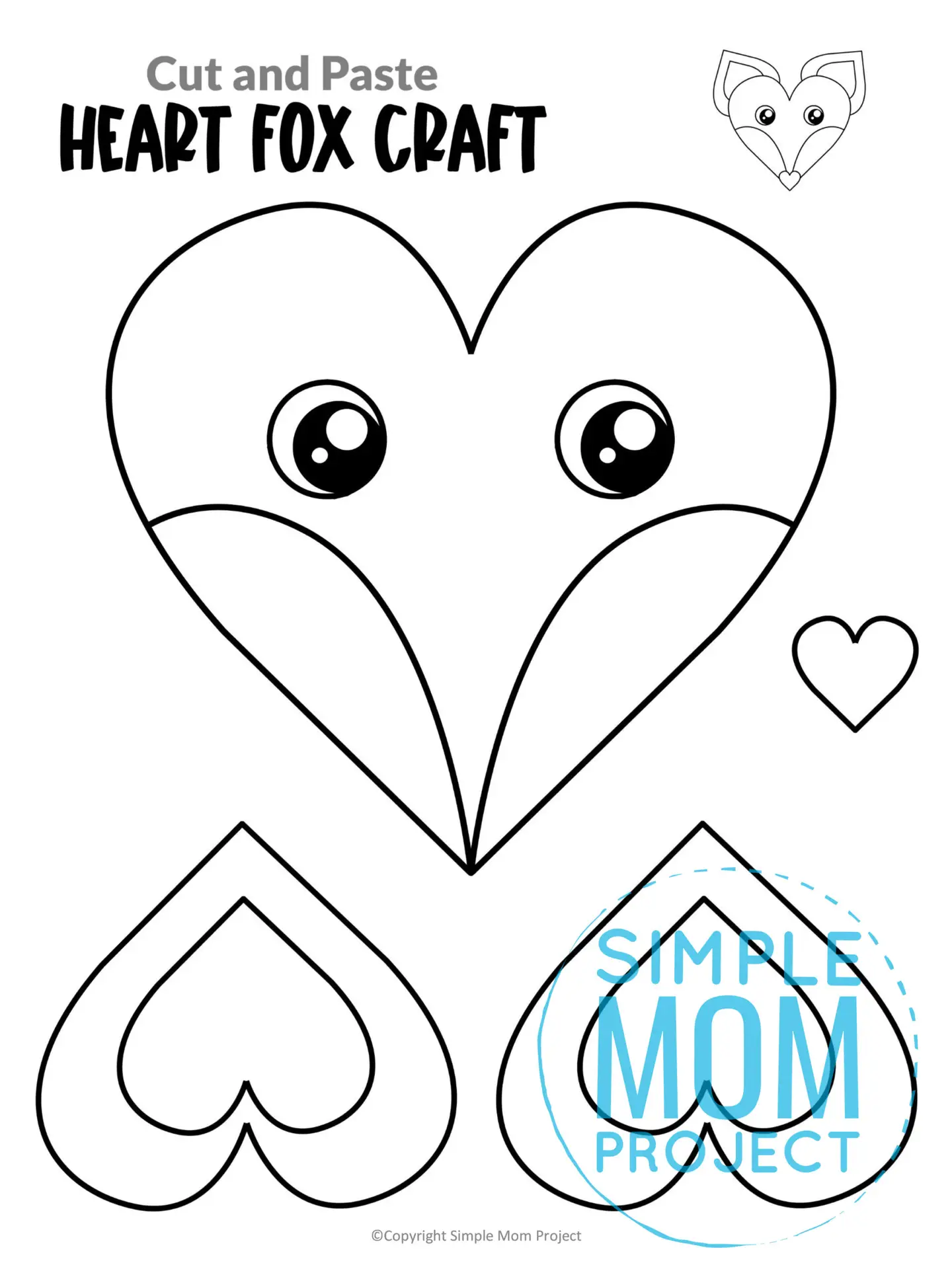 Printable Heart Fox Cut and Paste Craft Template for Toddlers, Preschoolers, and Kindergarteners 1