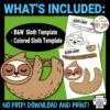 Printable Sloth Craft Template for Kids Preschool Toddler elementary nursing home 14