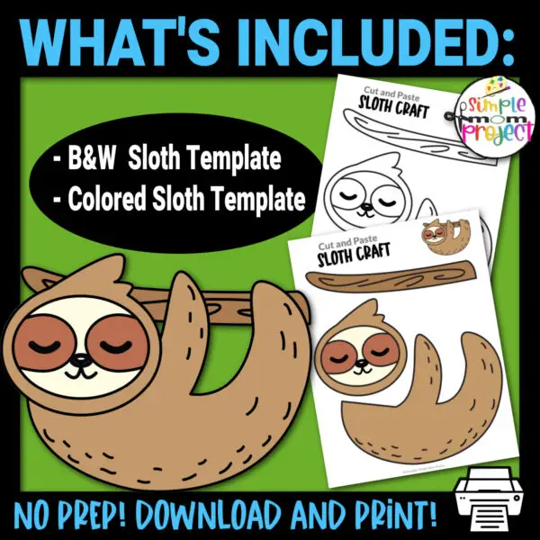 Printable Sloth Craft Template for Kids Preschool Toddler elementary nursing home 14