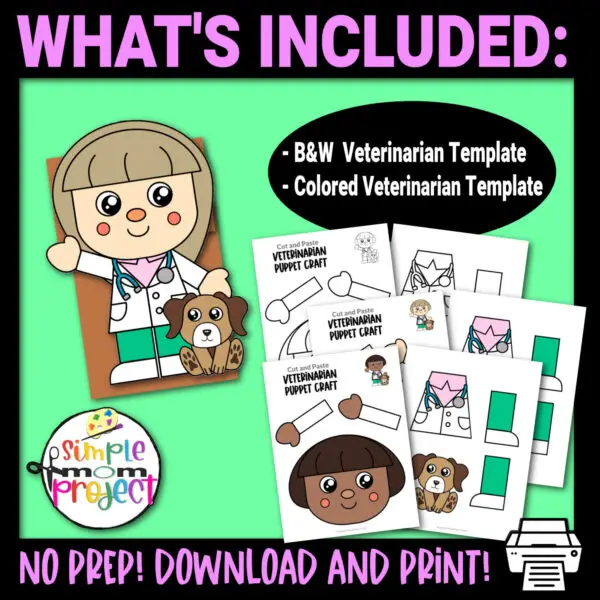 Are your kids pet lovers? Do they love to pretend to play at vet clinics? These printable veterinarian paper bag puppet crafts are the perfect activities for them! These diy veterinarian hand puppets would make a great addition to your community helper theme puppet show or decorations. Take out your crafting materials and download these printable veterinarian puppet templates now!