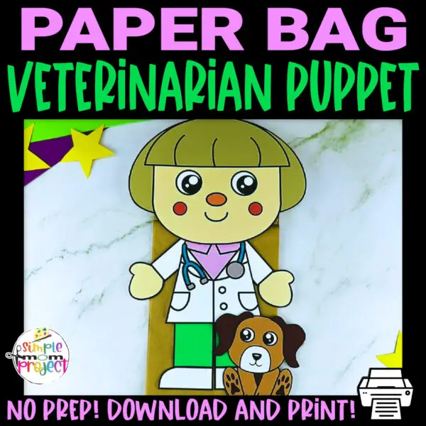 Are your kids pet lovers? Do they love to pretend to play at vet clinics? These printable veterinarian paper bag puppet crafts are the perfect activities for them! These diy veterinarian hand puppets would make a great addition to your community helper theme puppet show or decorations. Take out your crafting materials and download these printable veterinarian puppet templates now!