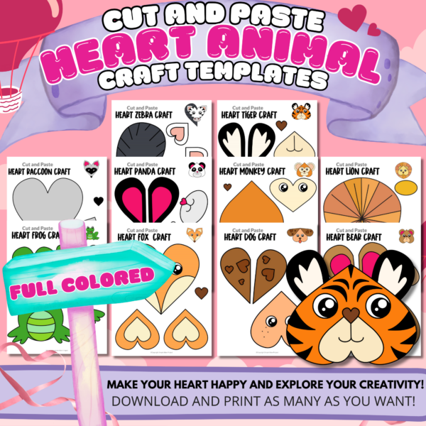 Are you looking for full colored heart animal crafts for your toddler, preschool and kindergarten kids? These colored cut-and-paste heart animal crafts are the ideal activities to keep your kids productive even on weekends. The printable heart animal templates can be used as coloring worksheets, stencils, decorations, diy cards and more crafts. Grab a few supplies and get your printable colored heart animal craft templates today!