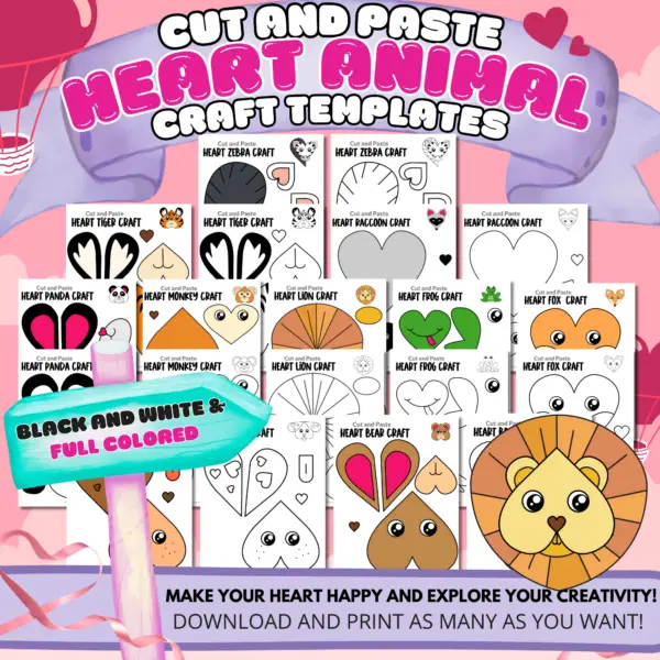 Are you looking for easy printable paper heart animal crafts to do with your preschool or kindergarten kids this weekend? These simple heart animal crafts are great for wall art or grab some brown paper bags and make cute heart animal puppets! Your kids can even glue them on to construction papers for handmade heart animal greeting cards. Make sure to grab your heart animal craft bundle set today!