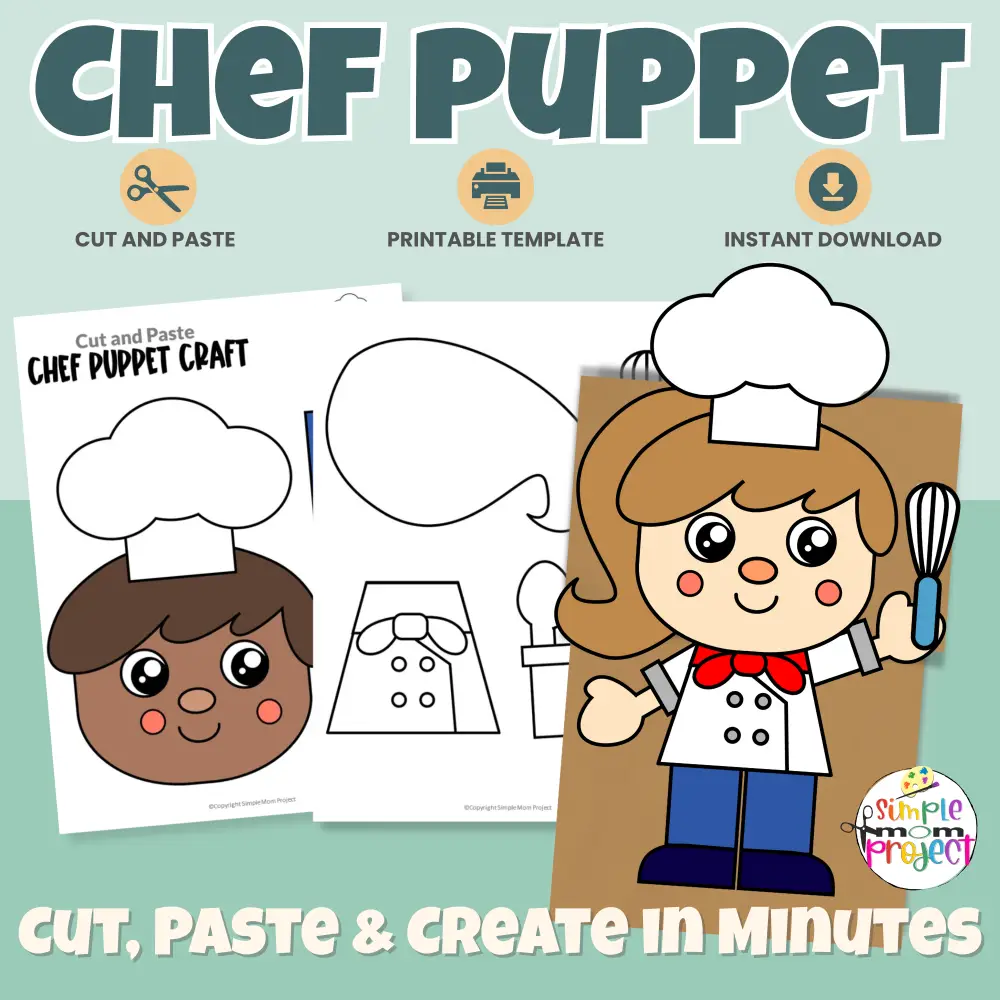 Make this adorable Chef Paper Bag Puppet with your preschool or kindergarten class! This easy community helper craft includes color and B&W templates and is perfect for cooking themes, dramatic play, or fine motor skills practice. A fun printable for early learners!