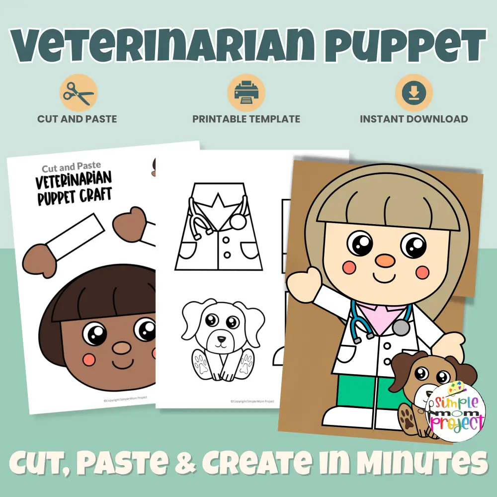 This Veterinarian Paper Bag Puppet Craft is a fun, hands-on community helper activity for preschool and kindergarten learners. Kids will love creating their own vet puppet while building fine motor skills and learning about animal care. Perfect for classrooms, homeschool, dramatic play, and print-and-go lessons.