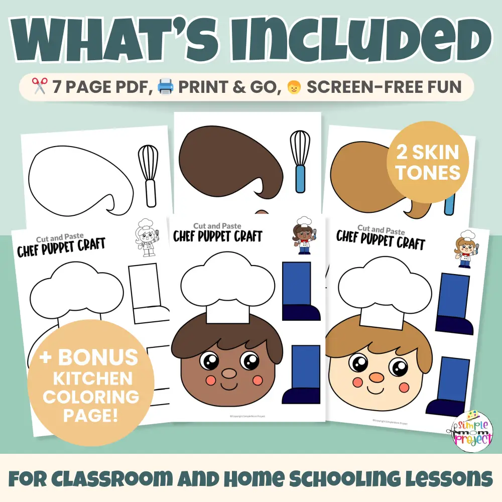 Make this adorable Chef Paper Bag Puppet with your preschool or kindergarten class! This easy community helper craft includes color and B&W templates and is perfect for cooking themes, dramatic play, or fine motor skills practice. A fun printable for early learners!