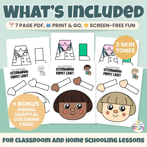 Looking for an easy community helper craft? This printable Veterinarian Paper Bag Puppet helps kids learn about animal doctors through cutting, gluing, and imaginative play. Includes color and black-and-white templates and multiple skin tone options. Great for preschool, kindergarten, and homeschool use.
