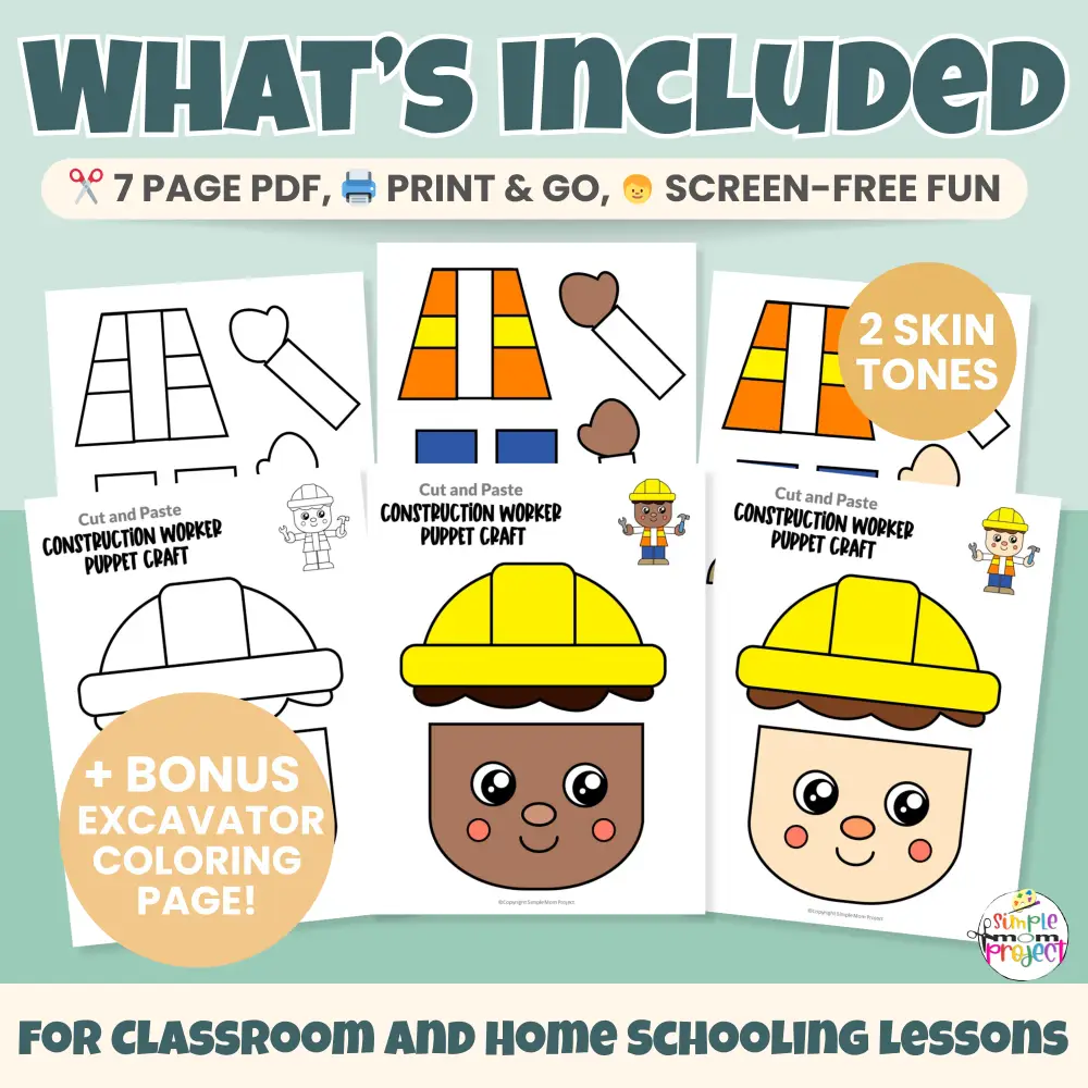 This easy Construction Worker Puppet Craft is perfect for preschool and kinder community helper units. Kids will love cutting, coloring, and gluing their own construction worker puppet. Great for dramatic play and hands-on learning!