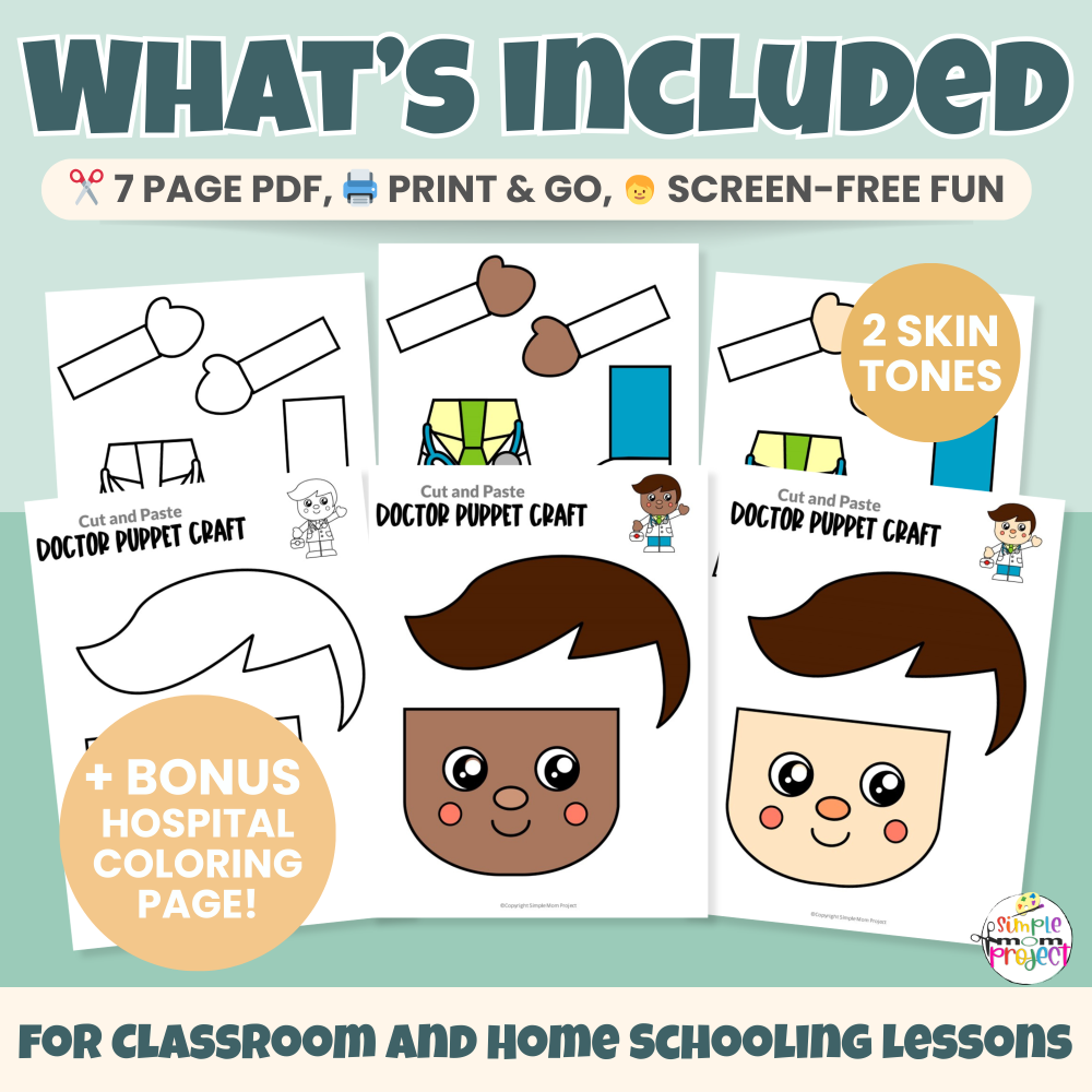 This easy Doctor Puppet Craft is perfect for preschool, Pre-K, and kindergarten community helper units. Kids will love cutting, coloring, and gluing their own doctor puppet. Great for role play and imaginative learning!