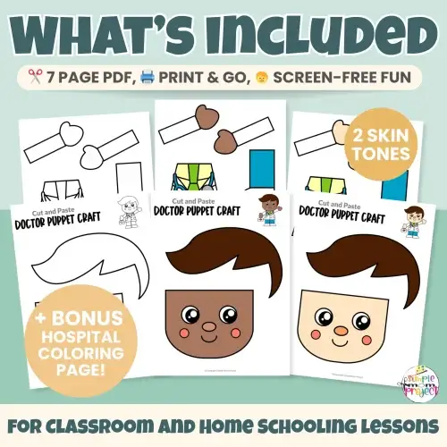 This easy Doctor Puppet Craft is perfect for preschool, Pre-K, and kindergarten community helper units. Kids will love cutting, coloring, and gluing their own doctor puppet. Great for role play and imaginative learning!