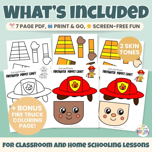 Looking for an easy community helper craft? This printable Firefighter Paper Bag Puppet helps kids learn about fire safety helpers through hands-on play 🚒 Includes color and black-and-white templates and multiple skin tone options. Great for preschool, kindergarten, and homeschool learning!