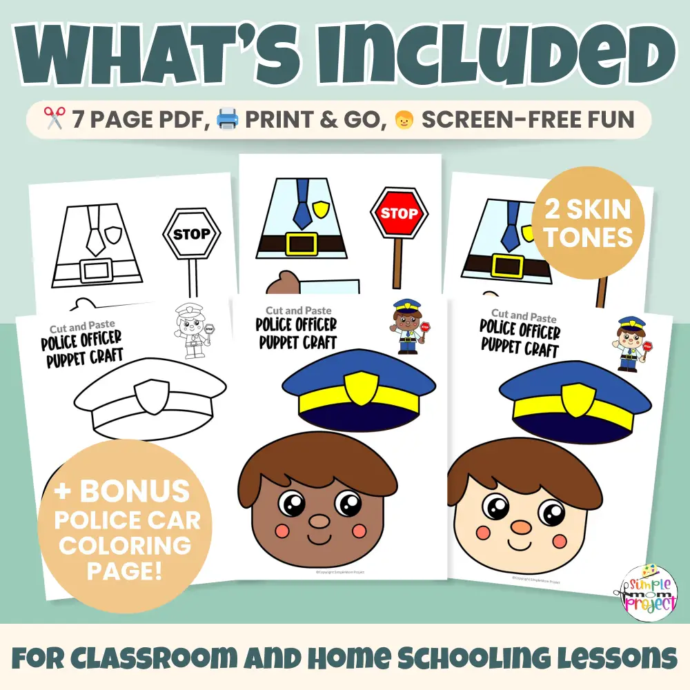 Looking for an easy community helper craft? This printable Police Officer Paper Bag Puppet helps kids learn about community helpers through hands-on play 🚔 Includes color and black-and-white templates and multiple skin tone options. Great for preschool, kindergarten, and homeschool learning!