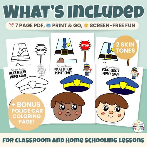 Looking for an easy community helper craft? This printable Police Officer Paper Bag Puppet helps kids learn about community helpers through hands-on play 🚔 Includes color and black-and-white templates and multiple skin tone options. Great for preschool, kindergarten, and homeschool learning!