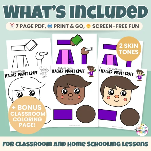Looking for an easy community helper craft? This printable Teacher Paper Bag Puppet is perfect for preschool and kindergarten learners. Includes color and black-and-white templates and multiple skin tones. Great for classroom centers, homeschool lessons, and imaginative play.