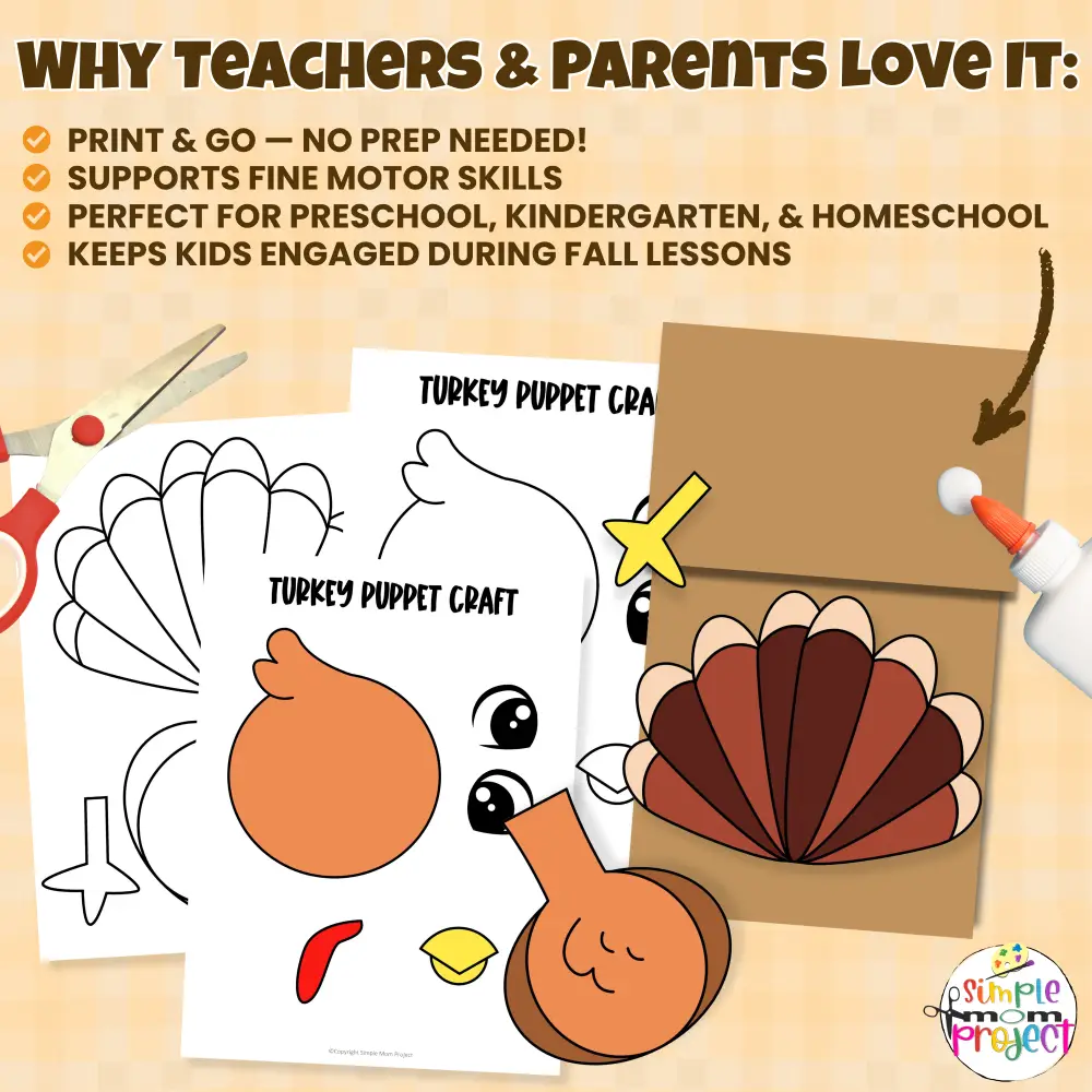 Teachers and parents love this Turkey Paper Bag Puppet Template! A simple printable craft that’s perfect for art centers, homeschool lessons, and rainy-day fun. ☔🦃 #CraftIdeas #PreschoolFun #PrintableKidsCraft