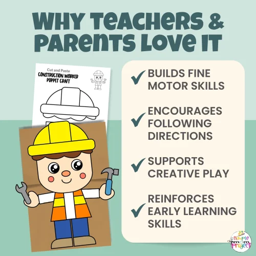 Looking for a fun community helper activity? This Construction Worker Puppet Printable makes an engaging craft for building themes, pretend play, morning tubs, and fine motor centers. Print, cut, glue, and play!