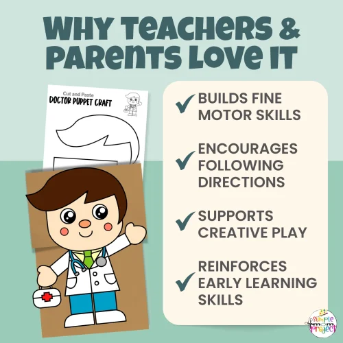 Looking for a fun community helper activity? This Doctor Puppet Printable makes the perfect craft for dramatic play centers, health lessons, morning tubs, and fine motor practice. Print, cut, glue, and play!