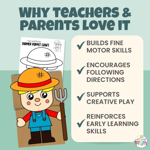 Looking for a fun farm or community helper activity? This Farmer Puppet Printable is great for dramatic play, morning tubs, centers, and fine motor practice. Print, cut, glue, and play!