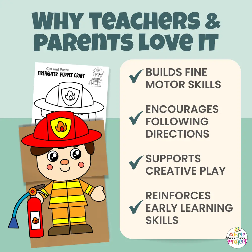 Add this Firefighter Paper Bag Puppet Craft to your dramatic play activities 🚒🎭 Kids can create their own firefighter puppet for role play, storytelling, and community helper lessons. Simple, printable, and perfect for busy teachers and parents!