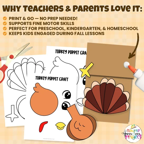 Teachers and parents love this Turkey Paper Bag Puppet Template! A simple printable craft that’s perfect for art centers, homeschool lessons, and rainy-day fun. ☔🦃 #CraftIdeas #PreschoolFun #PrintableKidsCraft
