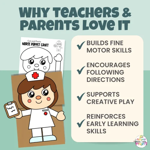 Looking for an easy community helper craft? This printable Nurse Paper Bag Puppet helps kids learn about healthcare helpers through hands-on play 🩺 Includes color and black-and-white templates and multiple skin tone options. Great for preschool, kindergarten, and homeschool learning!