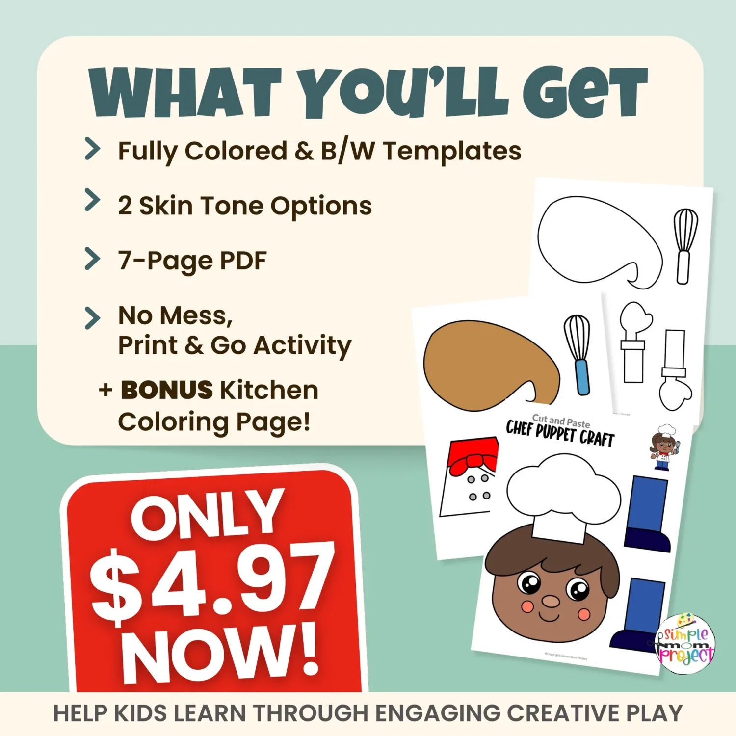 Try this adorable Chef Paper Bag Puppet Craft during your community helper week or cooking theme! Includes two chef skin tones + a B&W template. Great for preschool fine motor skills, storytelling, and dramatic play.
