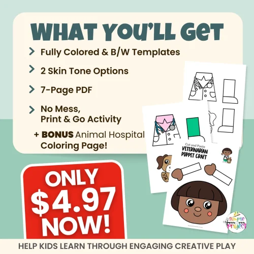 Teach kids about animal care with this printable Veterinarian Puppet Craft! Just print, cut, and glue to create an adorable paper bag puppet for dramatic play and social-emotional learning. Perfect for classroom centers, homeschool lessons, and pretend play activities.