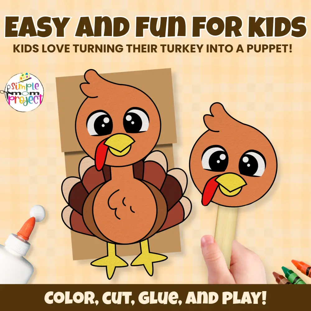 Kids will love creating their own turkey paper bag puppet! Just print, cut, and glue for a fun hands-on activity that encourages creativity and storytelling. 💛 #PrintableCrafts #KidsActivities #PaperBagCraft