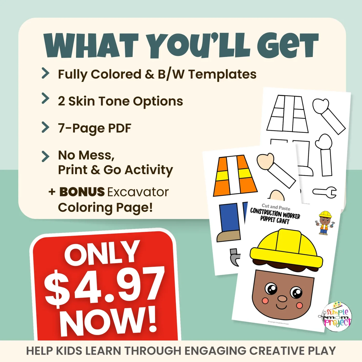 Add this Construction Worker Paper Bag Puppet to your construction or building unit! A simple, print-and-go craft that supports fine motor development and dramatic play. Great for classroom and homeschool.